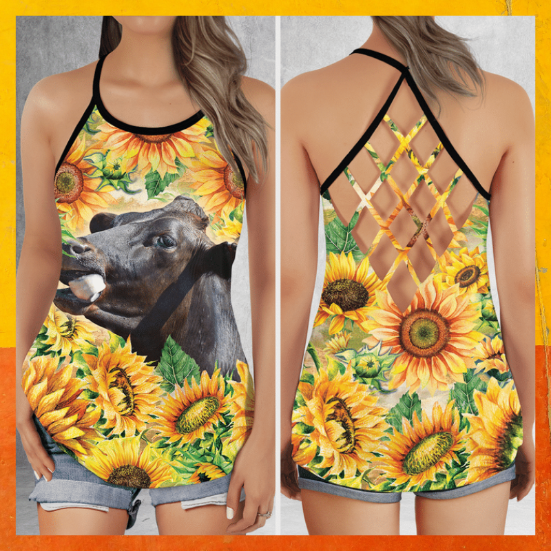 Black angus cattle big sunflower criss cross tank top 1
