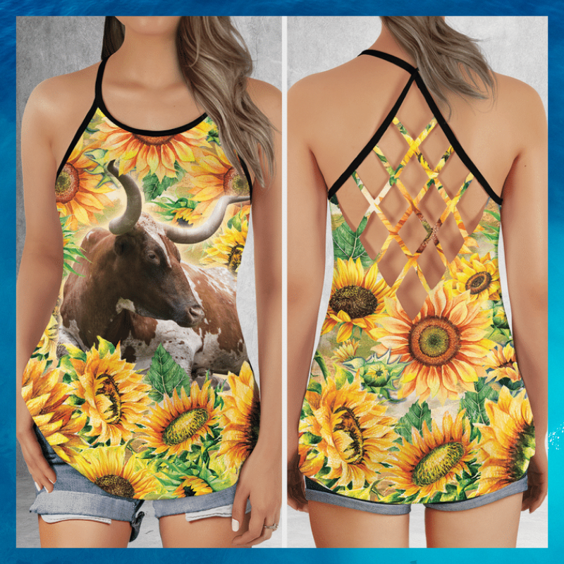 Tx longhorn cattle big sunflower criss cross tank top 1