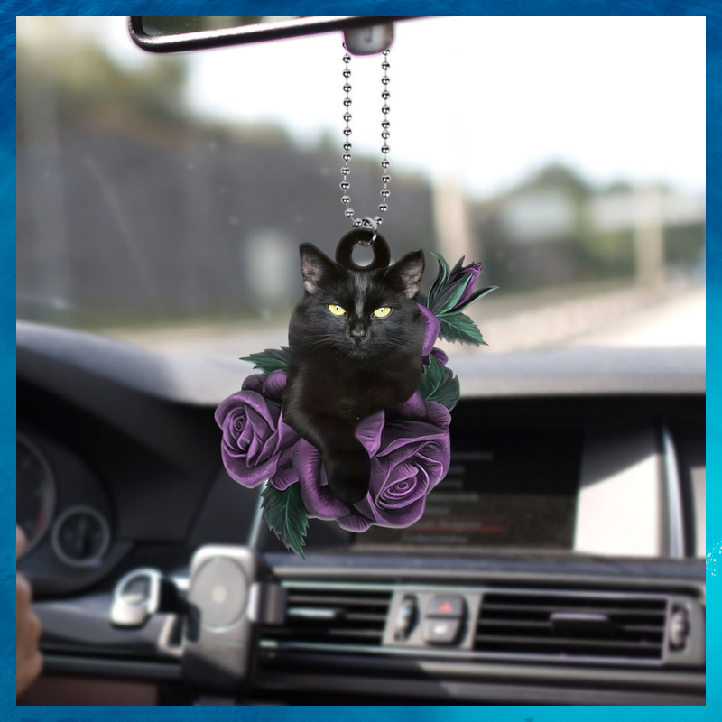 Black Cat Purple Rose car ornament 1