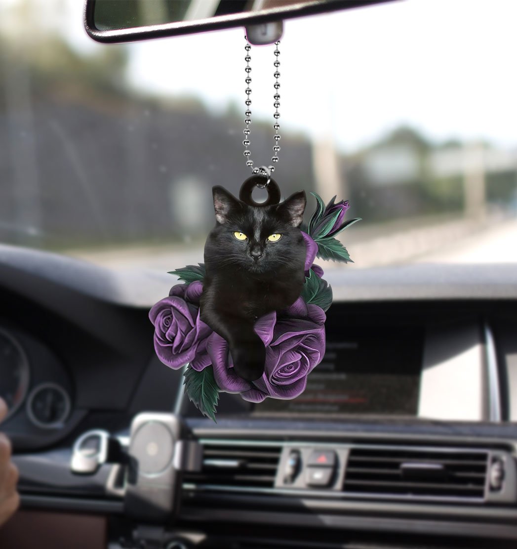 Black Cat Purple Rose car ornament