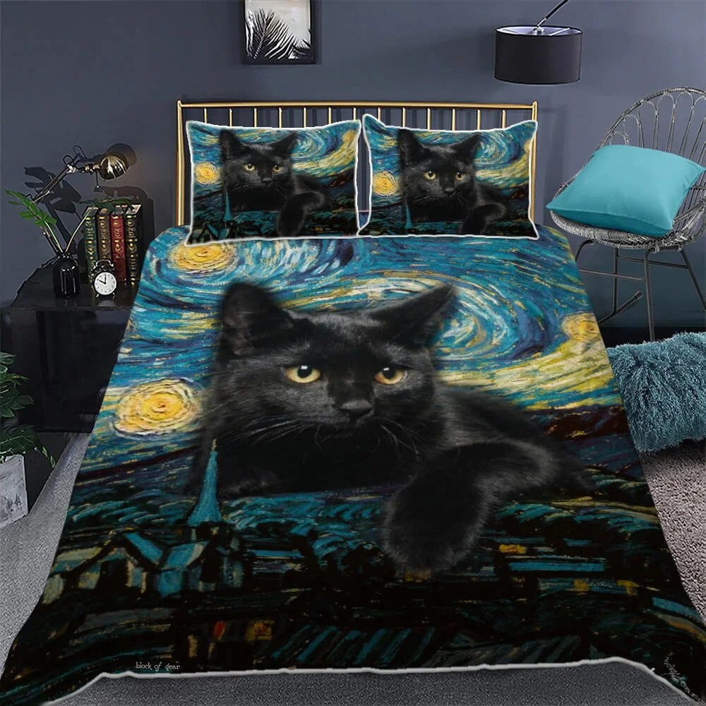 Black Cat Starry Night Quilt Bedding Set 1