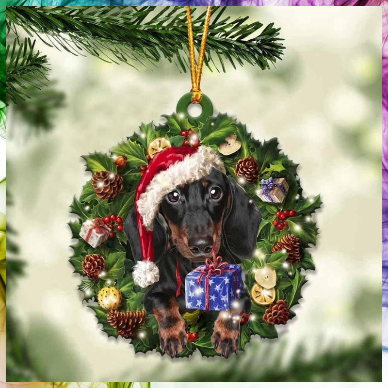 Black and Tan Dachshund and Christmas gift ornament 1