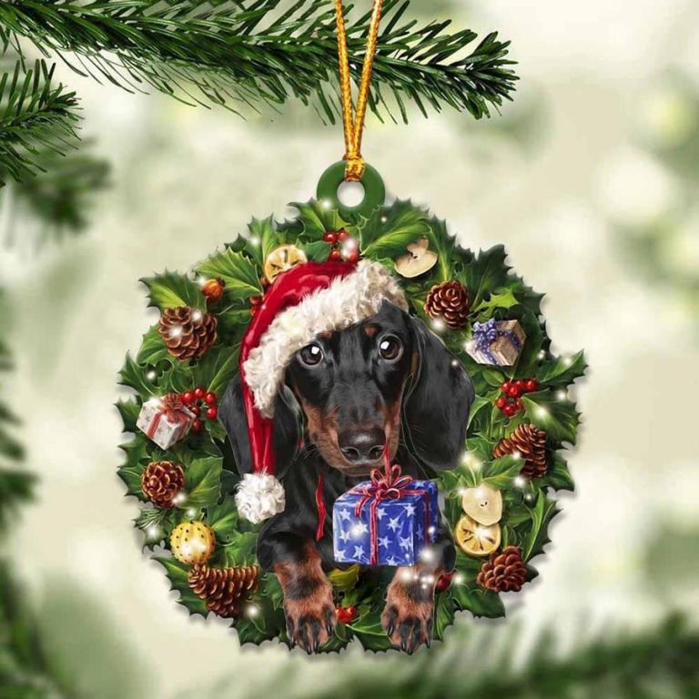 Black and Tan Dachshund and Christmas gift ornament