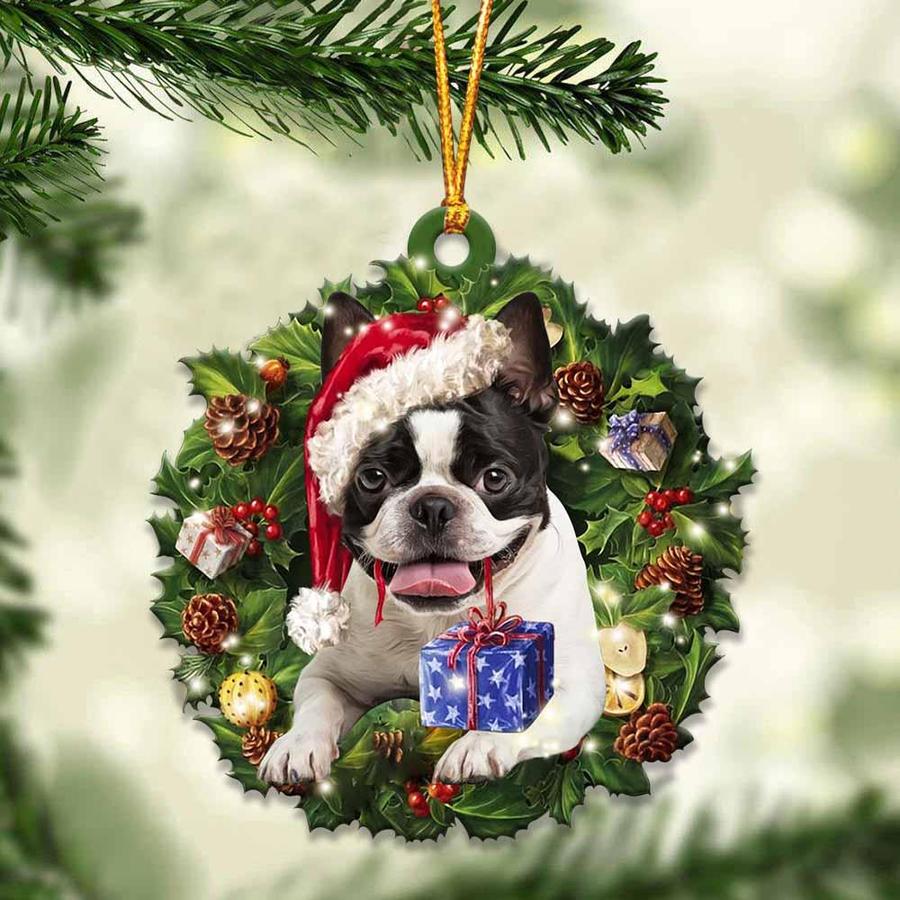 Boston Terrier and Christmas gift ornament