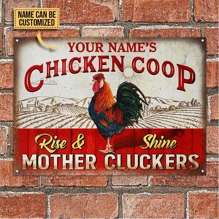 Chicken coop rise and shine mother cluckers custom name metal sign