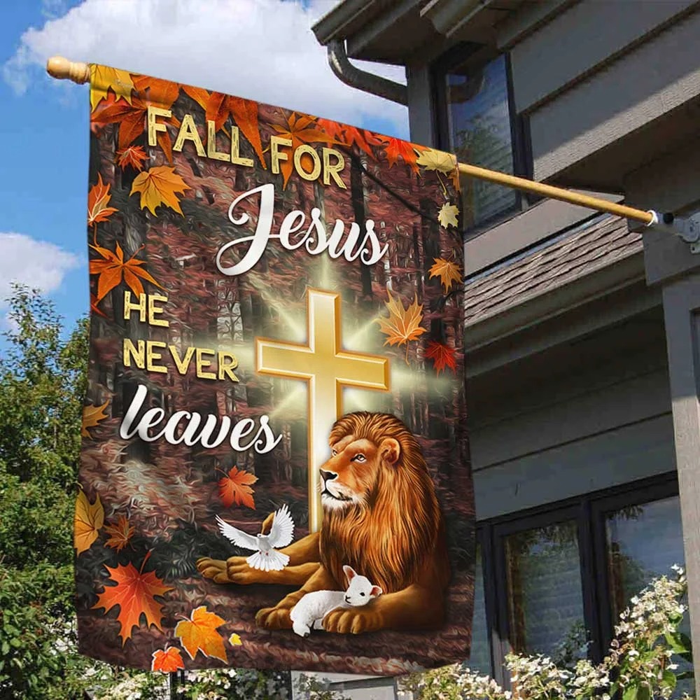 Fall For Jesus He Never Leaves Lion flag