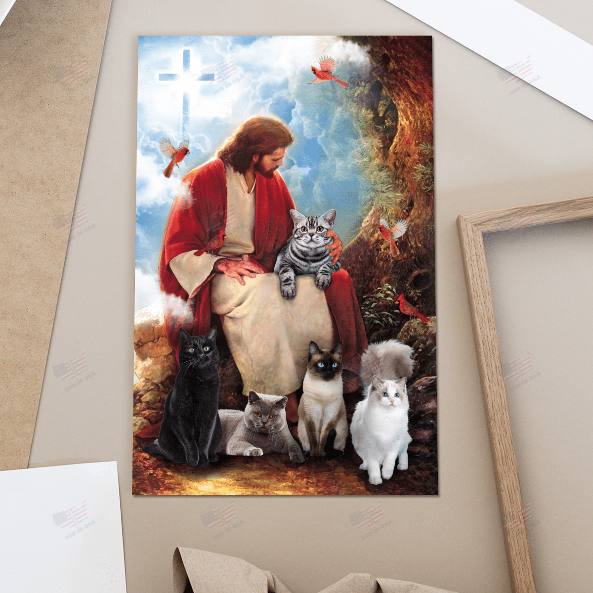 God surrounded by cats and red cardinal birds poster and canvas 1