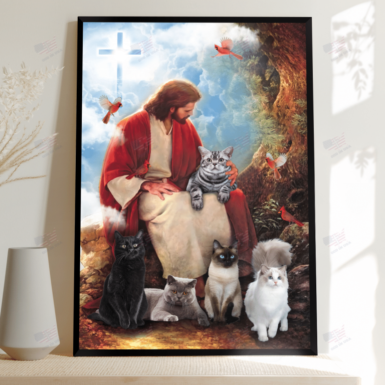 God surrounded by cats and red cardinal birds poster and canvas 2