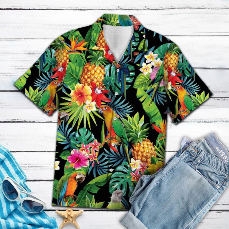 Hiding parrot tropical Hawaiian shirt
