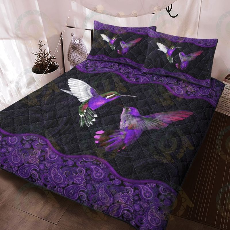 Hummingbird couple purple quilt bedding set