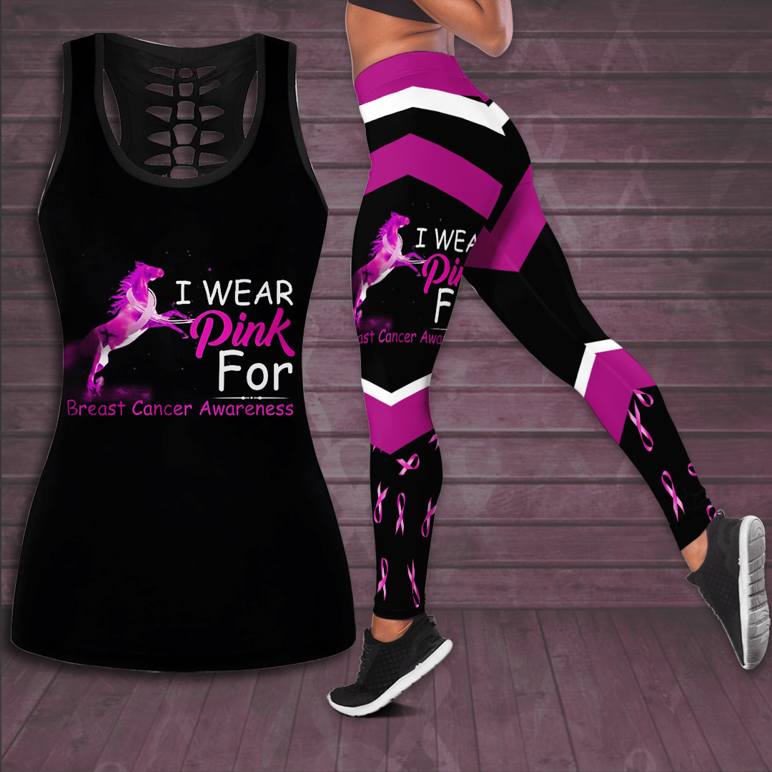 I wear pink for breast cancer awareness hollow tank top and leggings 1