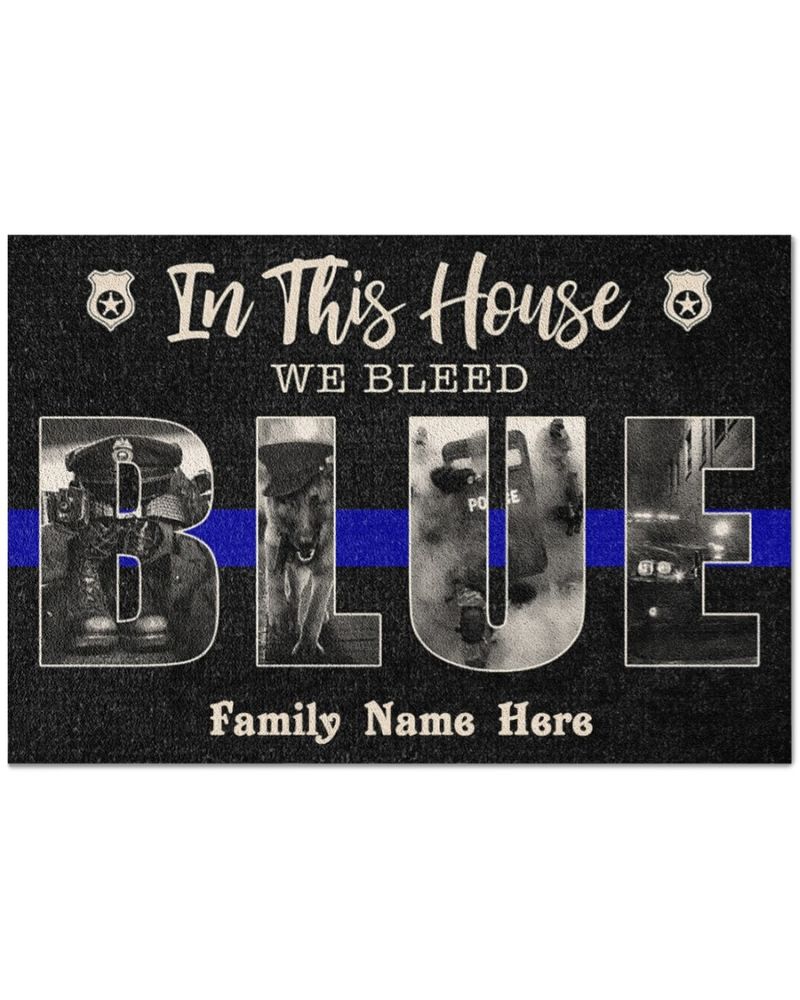 In this house we bleed blue police custom family name doormat