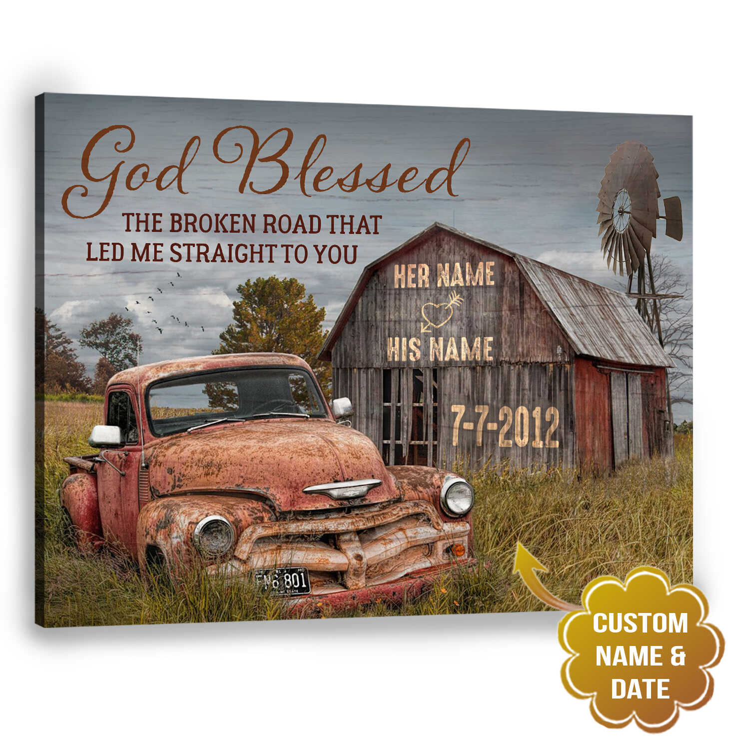 The Broken Road Old Truck and Barn God Blessed custom name canvas