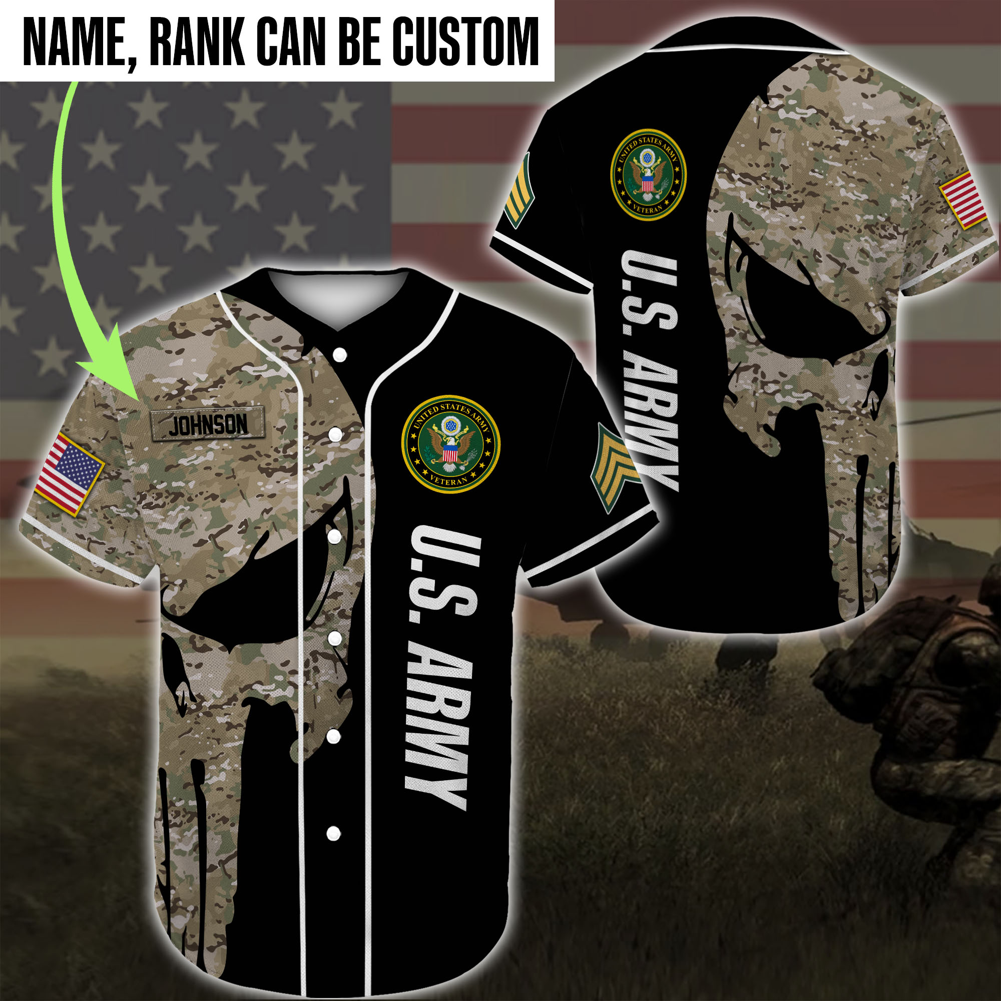 United States Army Veteran custom name and rank baseball shirt