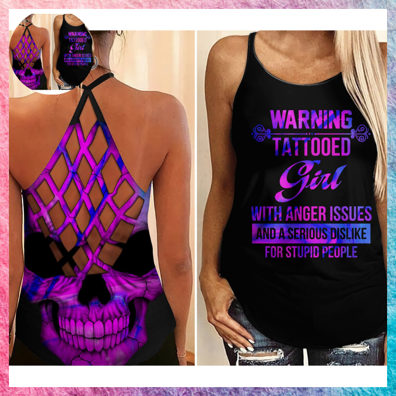 Warning tattooed girl with anger issues criss cross tank top 1
