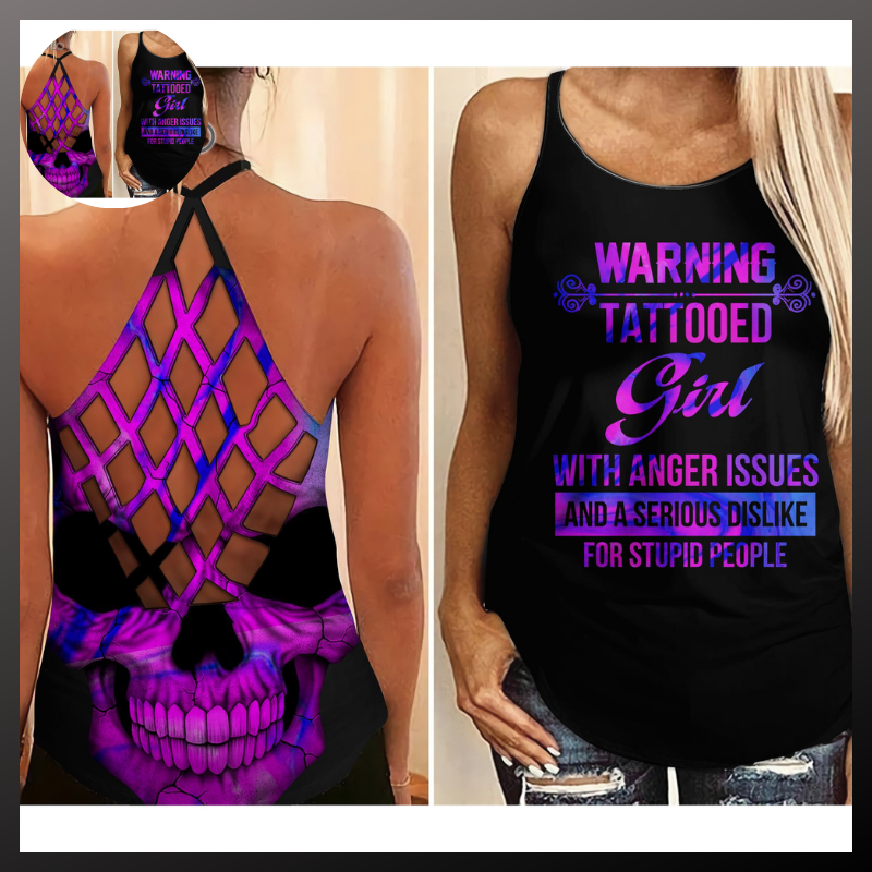 Warning tattooed girl with anger issues criss cross tank top 2