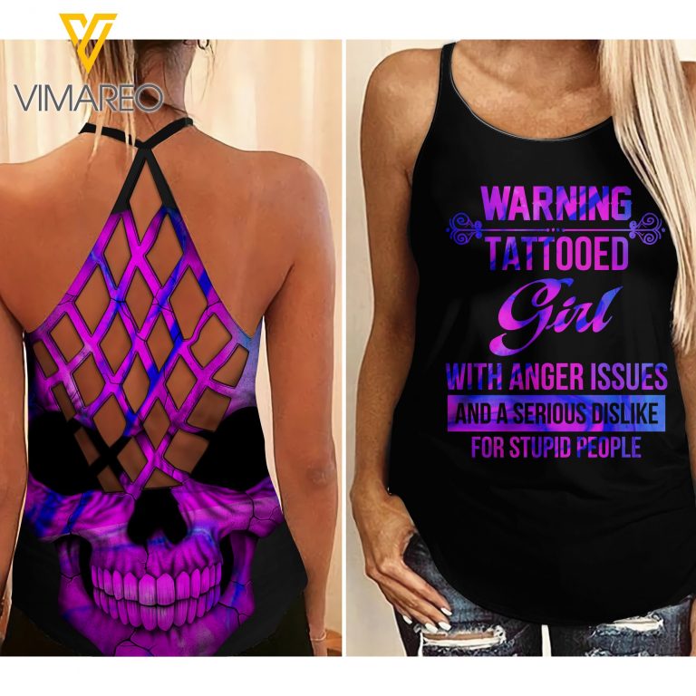 Warning tattooed girl with anger issues criss cross tank top
