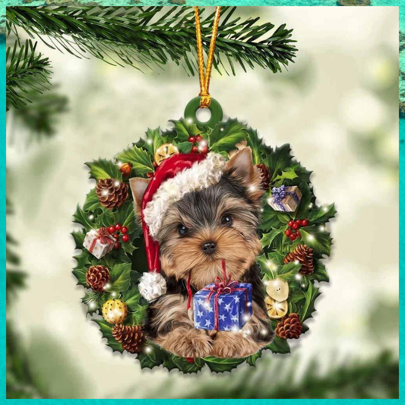 Yorkshire Terrier and Christmas gift ornament 1