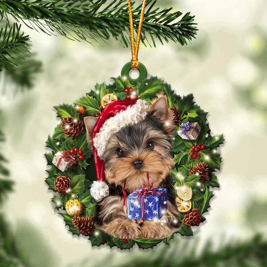 Yorkshire Terrier and Christmas gift ornament