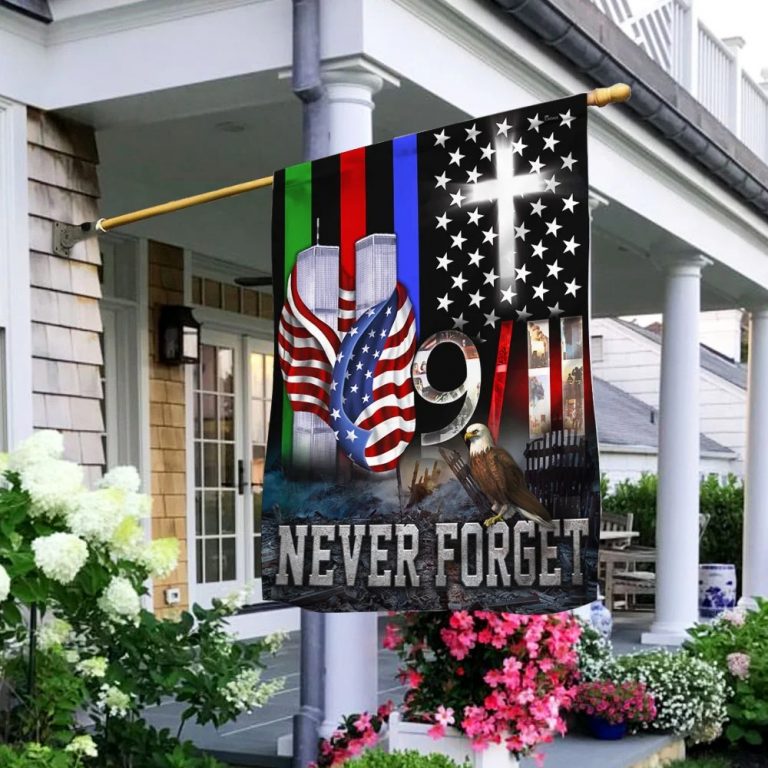 Never forget 9 11 Police Military and Fire Thin Line flag