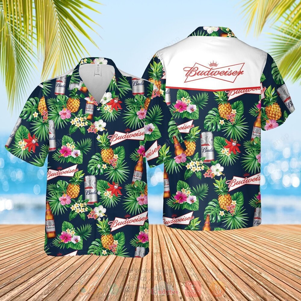 Budweiser Green Navy Hawaiian Shirt Short