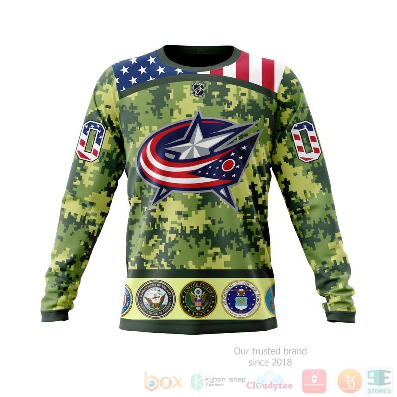 NHL Columbus Blue Jackets Honor Military With Green Camo Color 3D Hoodie Shirt 1 2