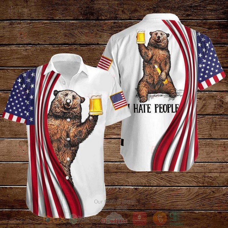 Bear And Beer American Flag 4Th of July Independence Day I Hate People Short Sleeve Hawaiian Shirt
