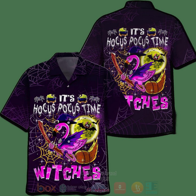 Flamingo Witch Its Hocus Pocus Time Witches Short Sleeve Hawaiian Shirt