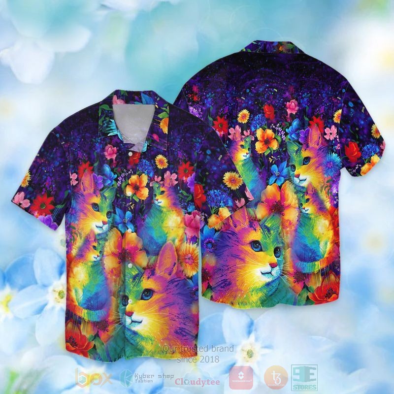 Floral Rainbow Cats Short Sleeve Hawaiian Shirt