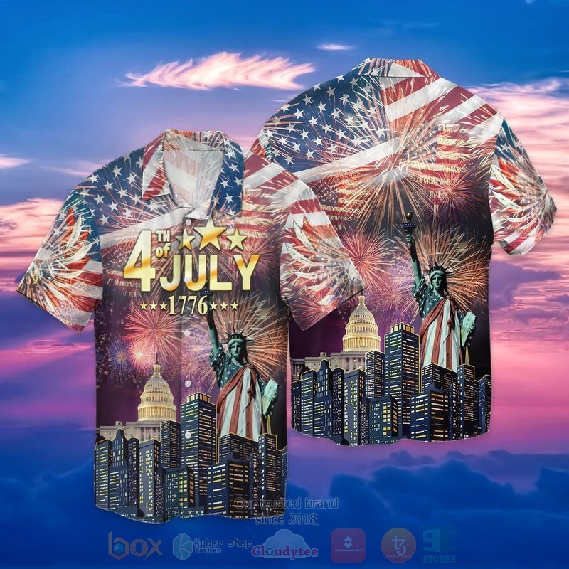 Happy 4Th of July Independence Day American Flag Statue of Liberty Short Sleeve Hawaiian Shirt