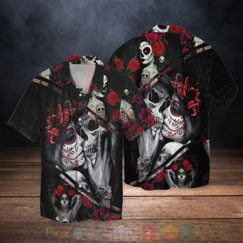Roses Skull Romance Couple Short Sleeve Hawaiian Shirt