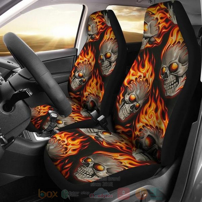 Set Of 2 Pcs Flaming Fire Skulls Car Seat Cover