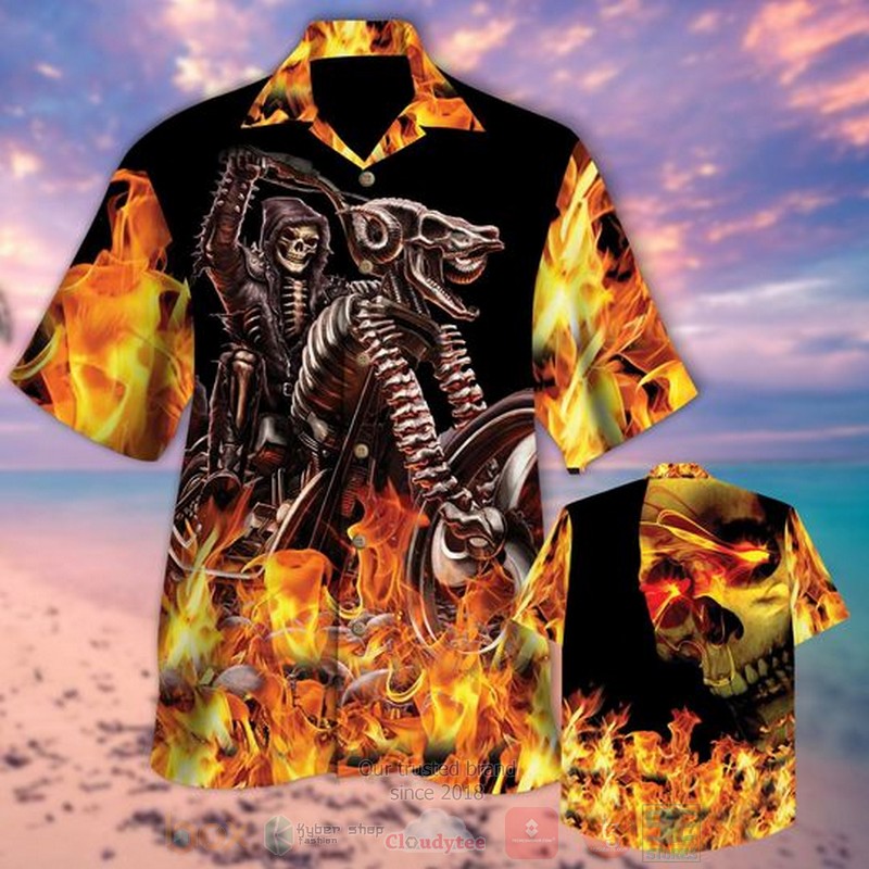 Skull Biker Fire On Fire Hawaiian Shirt