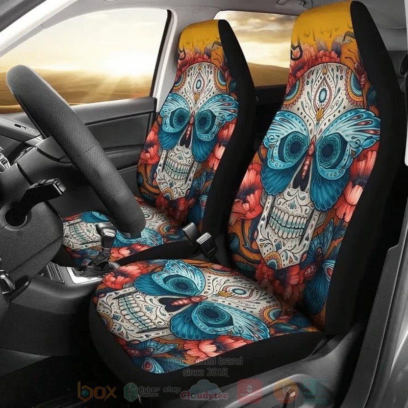 Sugar Skull and Blue Butterfly Car Seat Cover