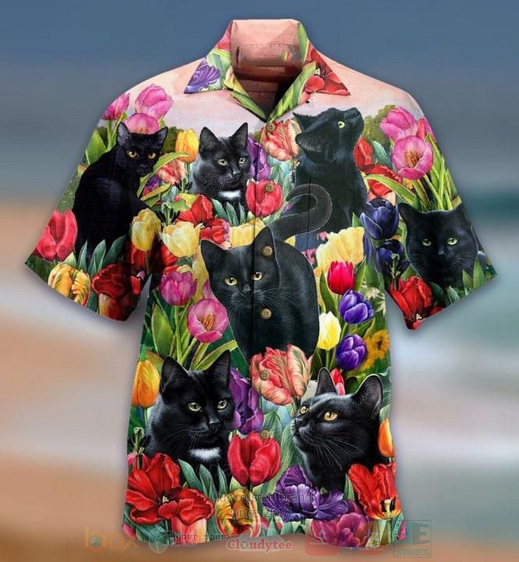 Black Cat Tropical Flowers Short Sleeve Hawaiian Shirt