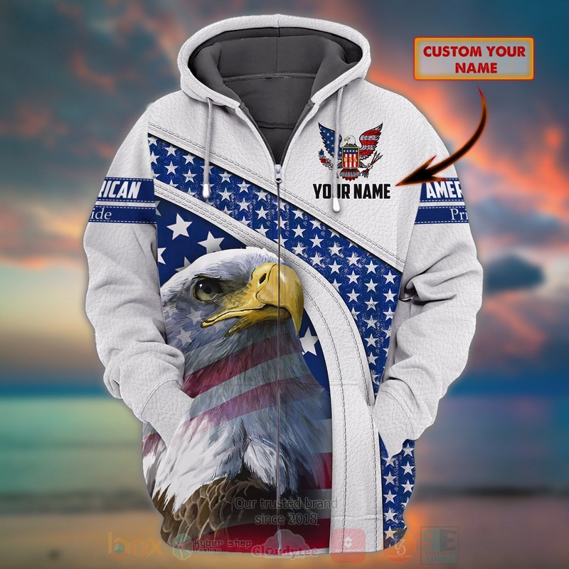 American Pride Custom Name White 3D Zip Hoodie
