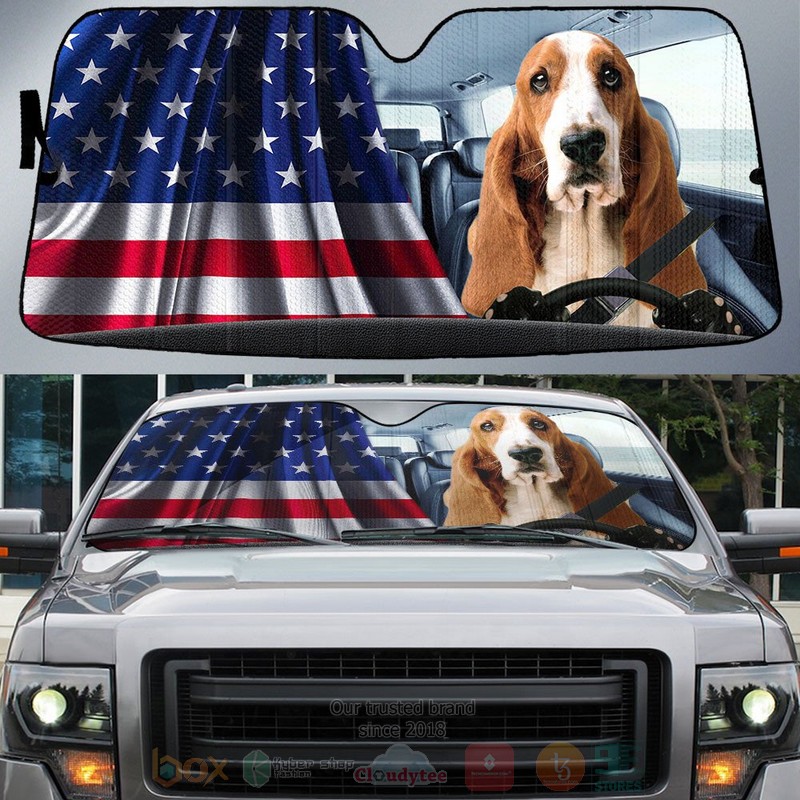 Basset Hound And American Flag Independent Day Car Sun Shade