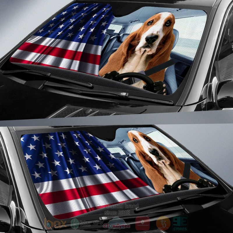 Basset Hound And American Flag Independent Day Car Sun Shade 1