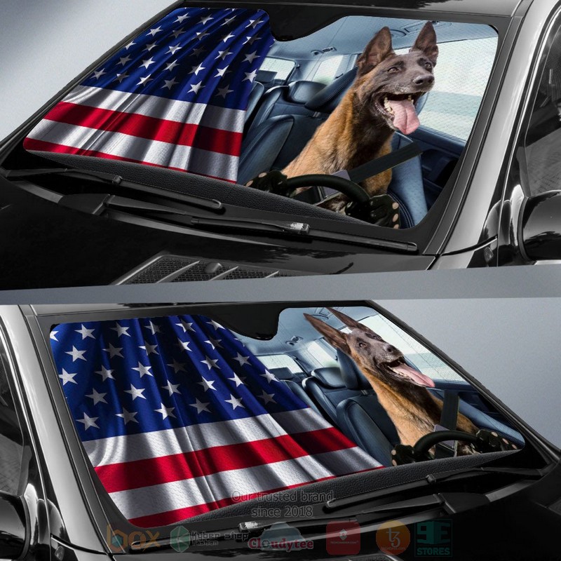 Belgian Malinoi And American Flag Independent Day Car Sun Shade