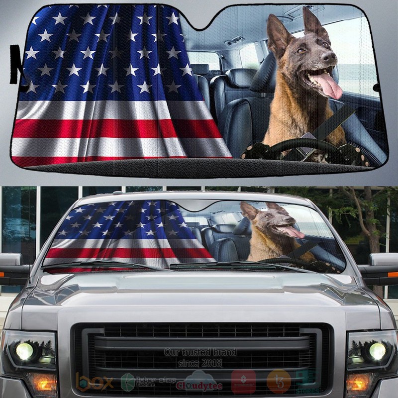 Belgian Malinoi And American Flag Independent Day Car Sun Shade 1