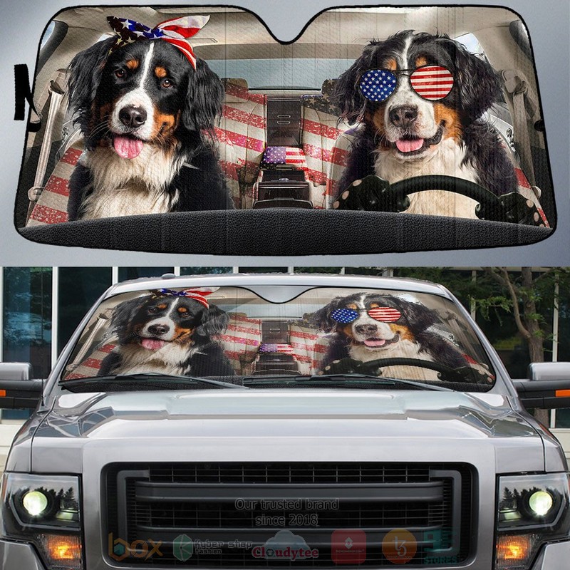 Bernese Mountain Dog American Flag Independence Day Car Sun Shade