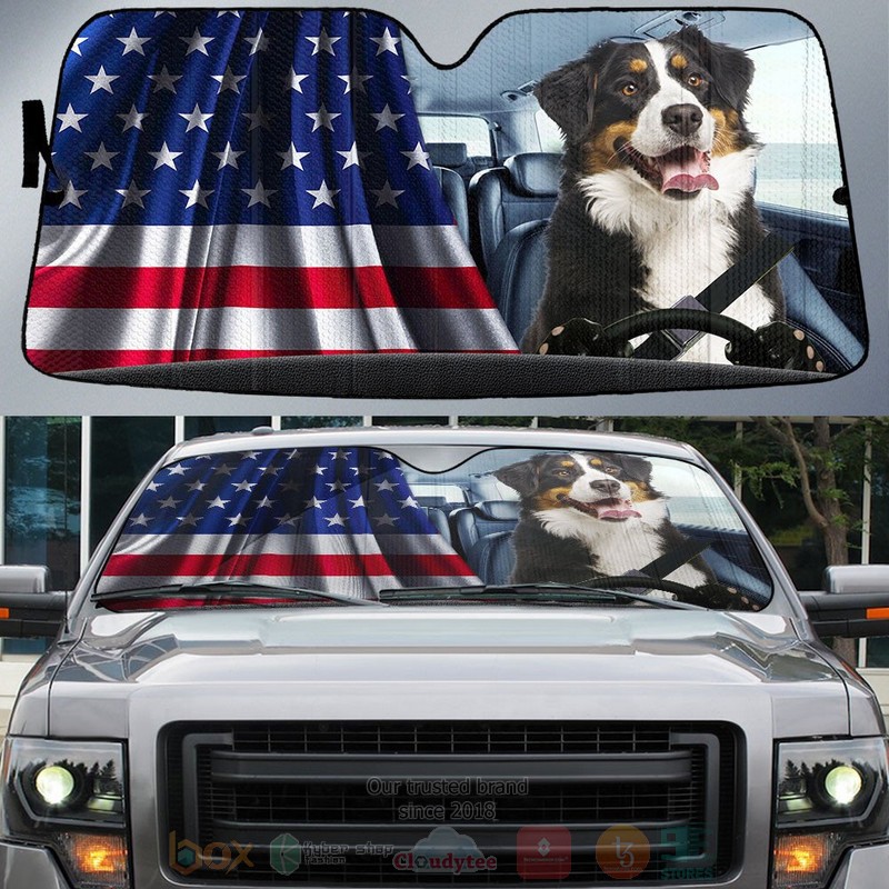 Bernese Mountain Dog And American Flag Independent Day Car Sun Shade