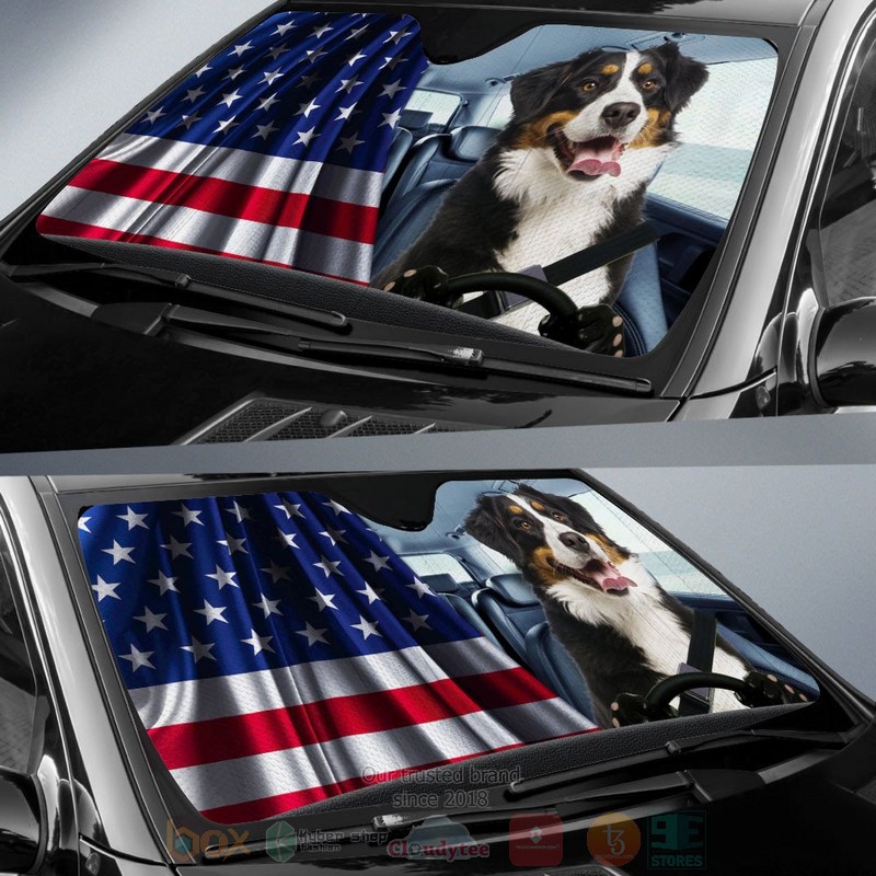 Bernese Mountain Dog And American Flag Independent Day Car Sun Shade 1