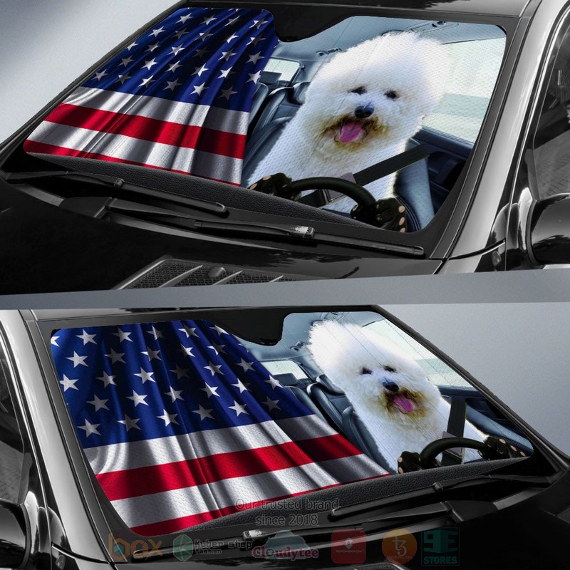 Bichon Frise And American Flag Independent Day Car Sun Shade 1