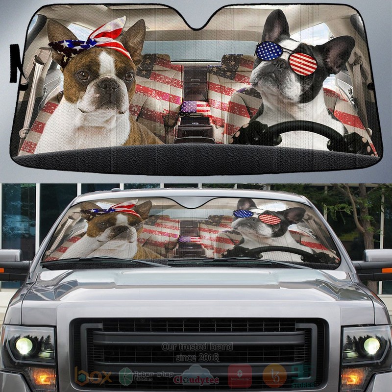 Boston Terrier American Flag Independence Day Car Sun Shade