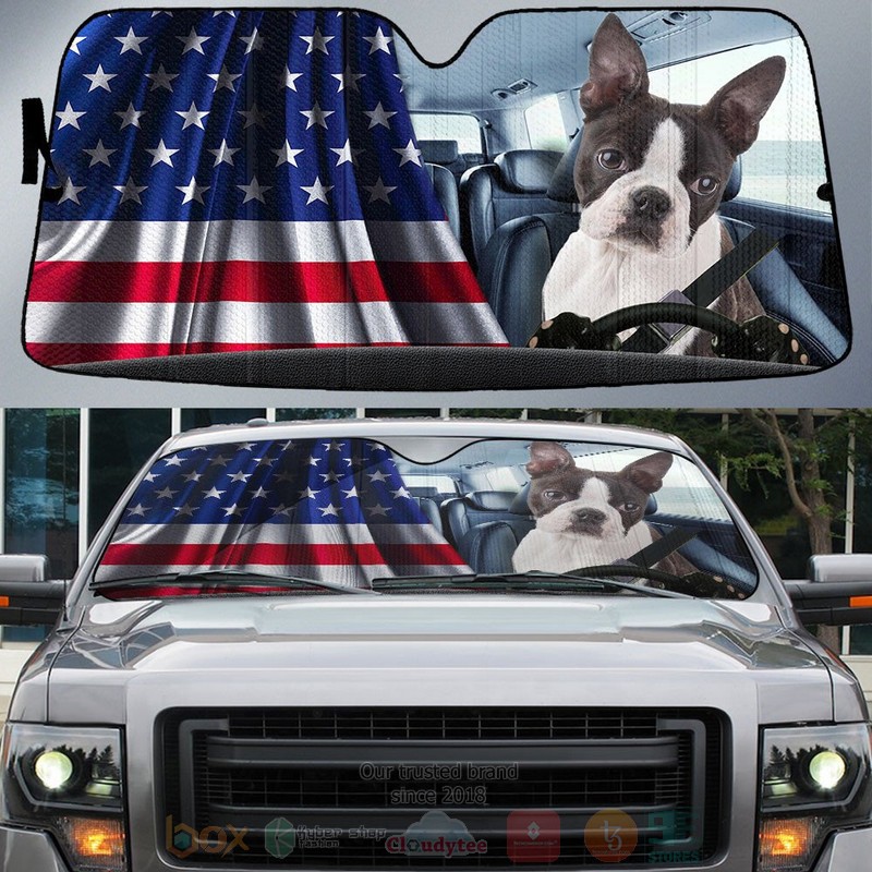 Boston Terrier And American Flag Independent Day Car Sun Shade