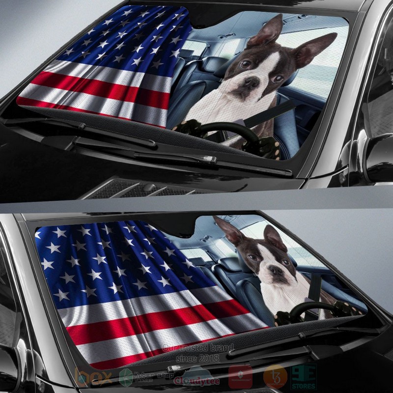 Boston Terrier And American Flag Independent Day Car Sun Shade 1