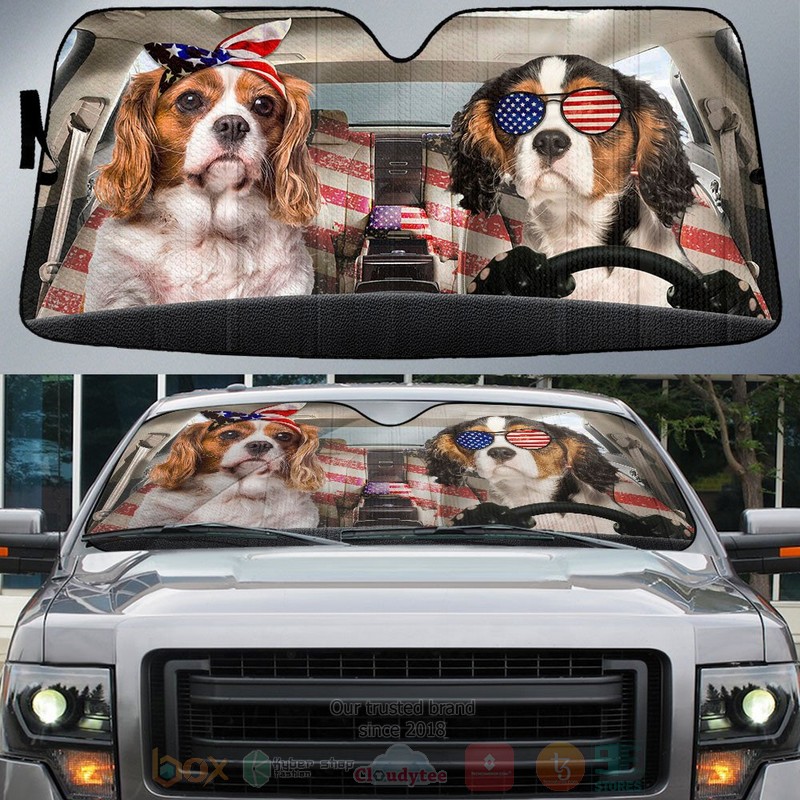 Cavalier King Charles Spaniel American Flag Independence Day Car Sun Shade