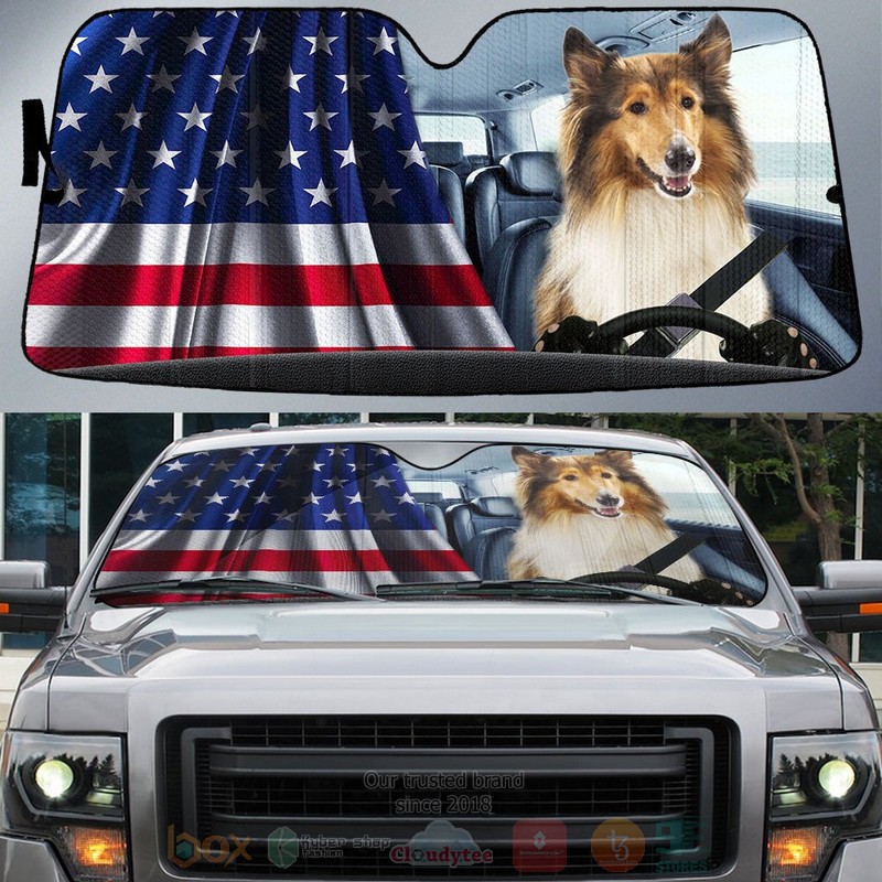 Collie And American Flag Independent Day Car Sun Shade