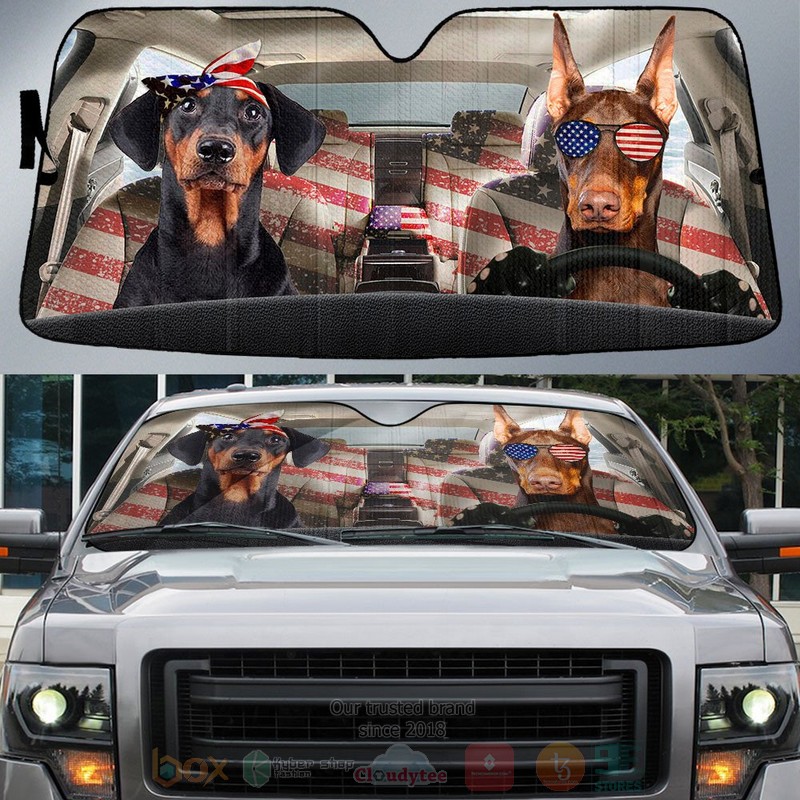 Doberman Pinscher American Flag Independence Day Car Sun Shade